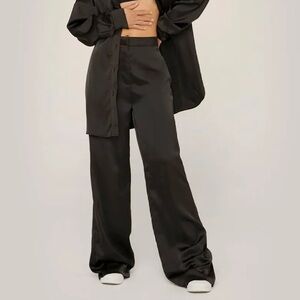Nasty Gal x Maeve Reilly Satin Wide Leg Mid Rise Tailored Pants